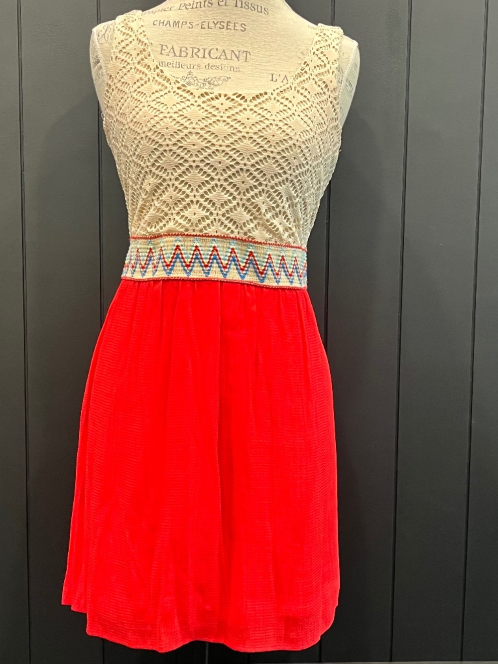 Lily Rose-Women's Boho Dress with Cream Lace Top and Red Flowy Bottom-Size S